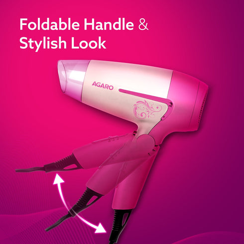 HD1179 Hair Dryer, 1600W, 2 Speed & 3 Heat Settings, Cool Shot, Foldable Handle, for Men & Women, Pink